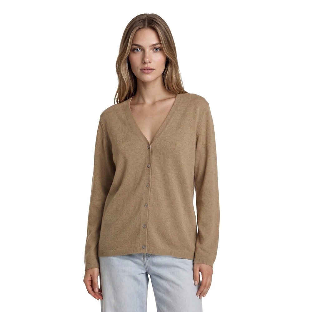 Lands End 100% Cashmere Cardigan Sweater Women's Size XL Tan Camel V Neck
